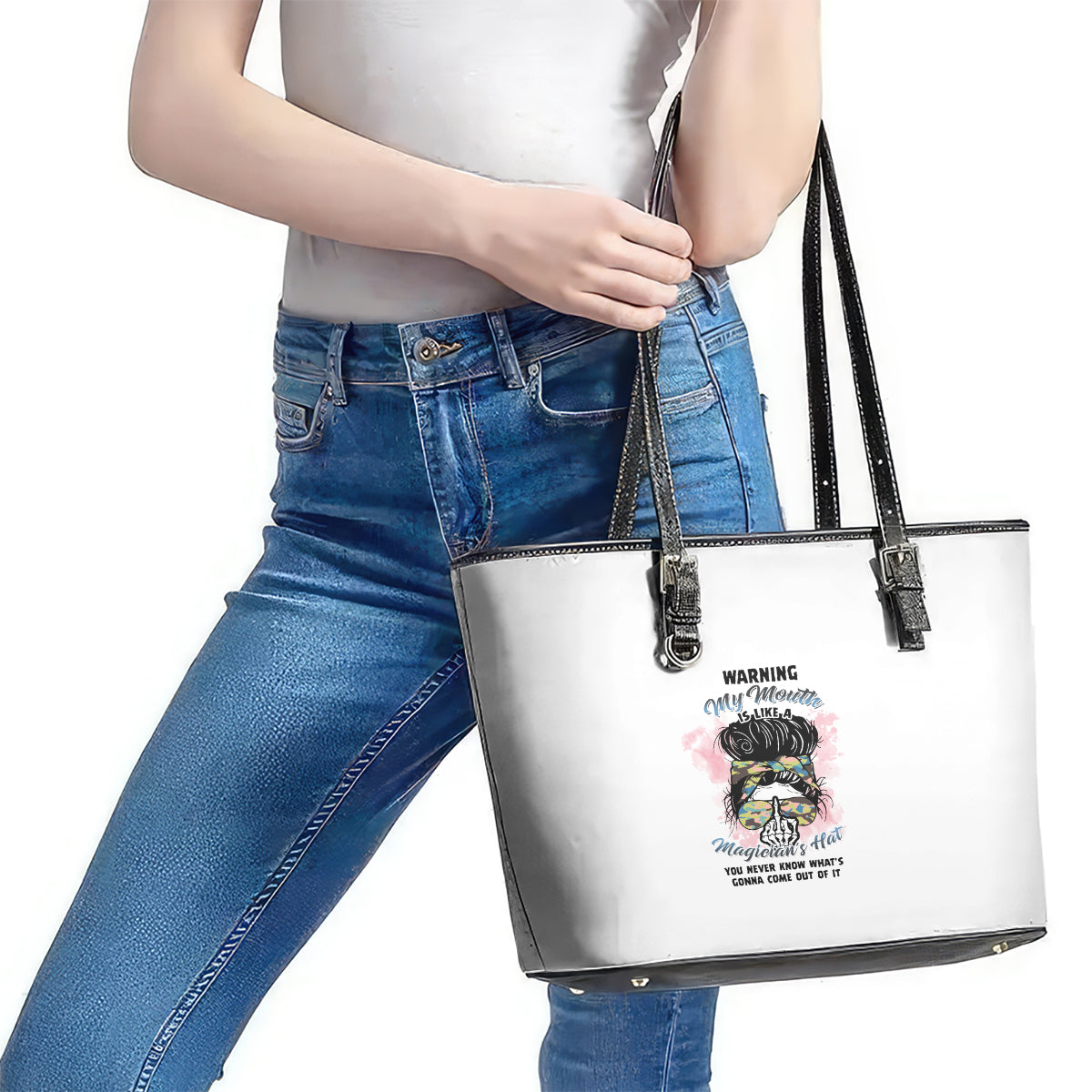 Warning My Mouth Messy Bun Leather Tote Bag - Wonder Print Shop