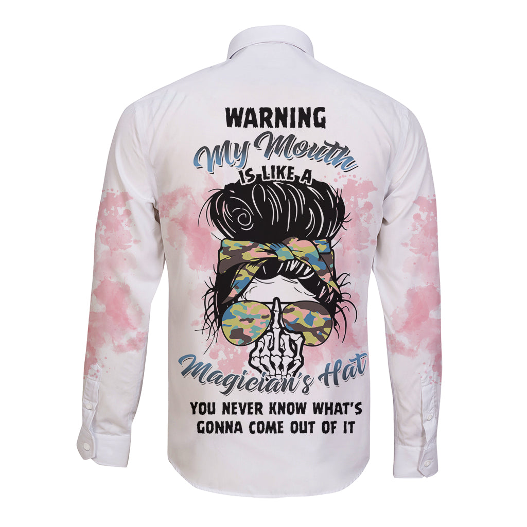 Warning My Mouth Messy Bun Long Sleeve Button Shirt - Wonder Print Shop
