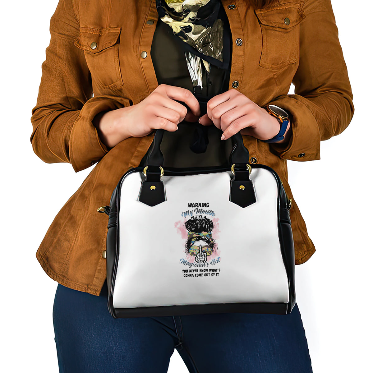 warning-my-mouth-messy-bun-shoulder-handbag