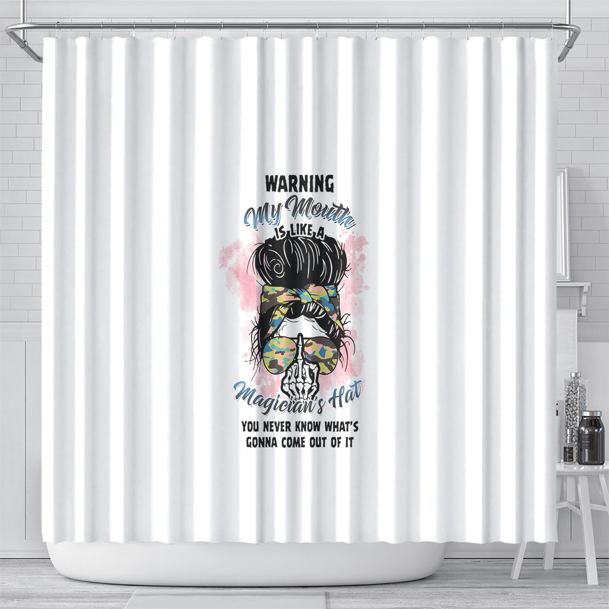 warning-my-mouth-messy-bun-shower-curtain