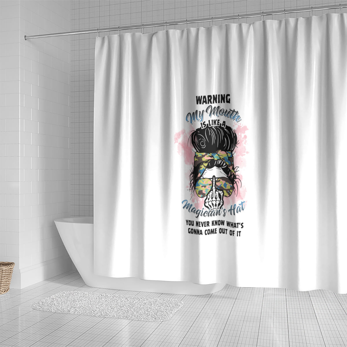 warning-my-mouth-messy-bun-shower-curtain