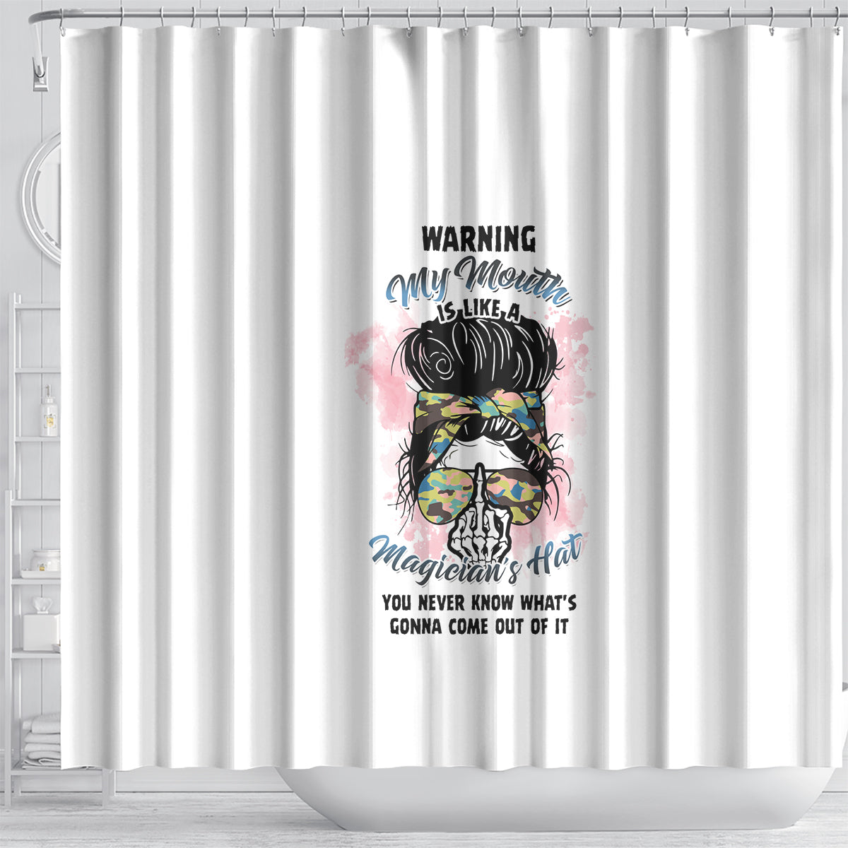 warning-my-mouth-messy-bun-shower-curtain