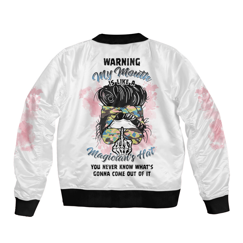 Warning My Mouth Messy Bun Sleeve Zip Bomber Jacket - Wonder Print Shop