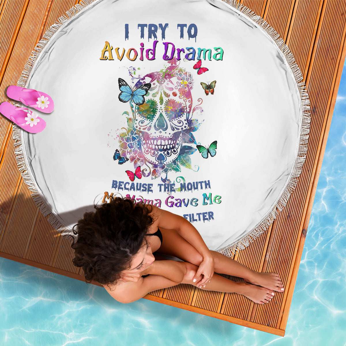 I Try To Avoid Drama Sugar Skull Colorful Beach Blanket - Wonder Print Shop