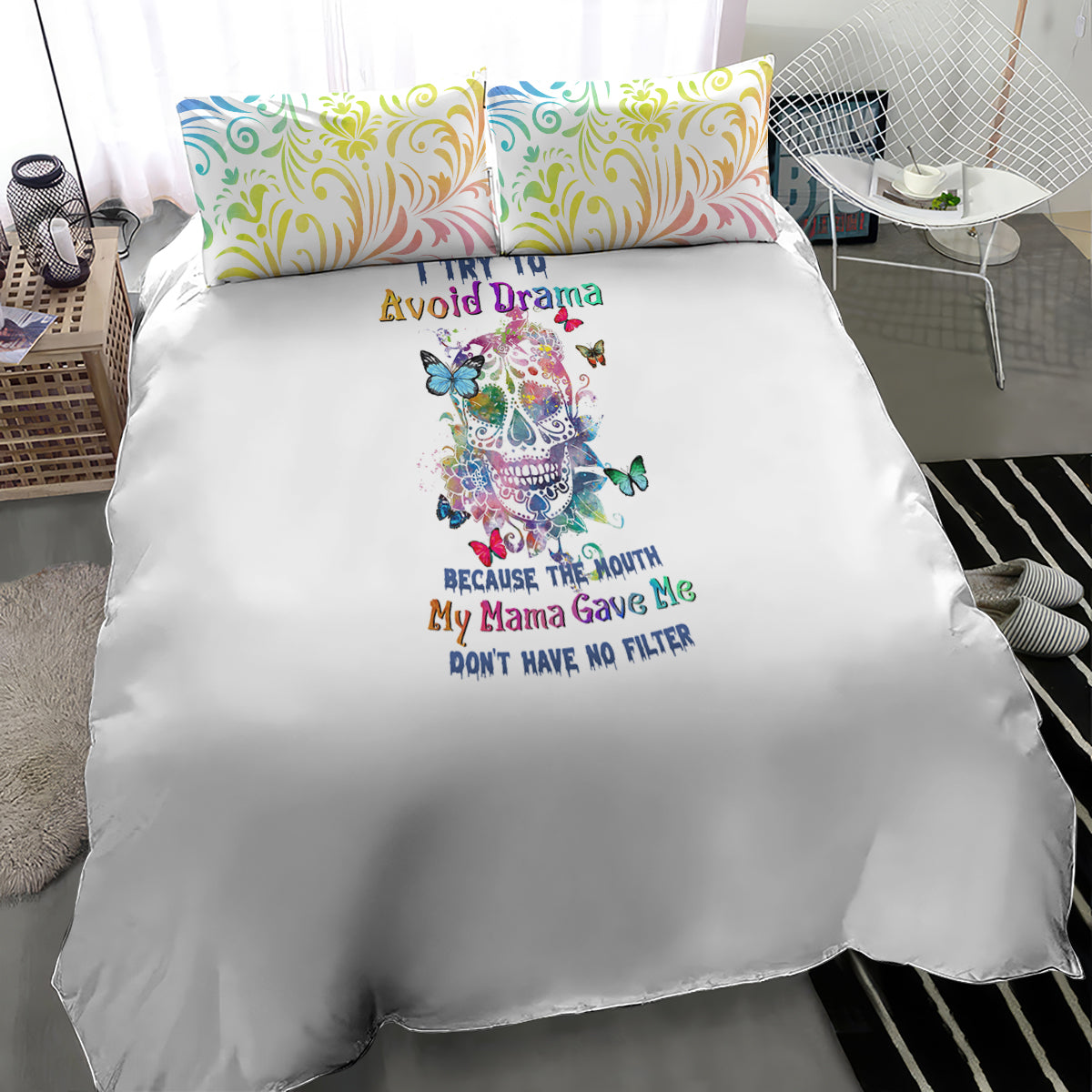 I Try To Avoid Drama Sugar Skull Colorful Bedding Set - Wonder Print Shop