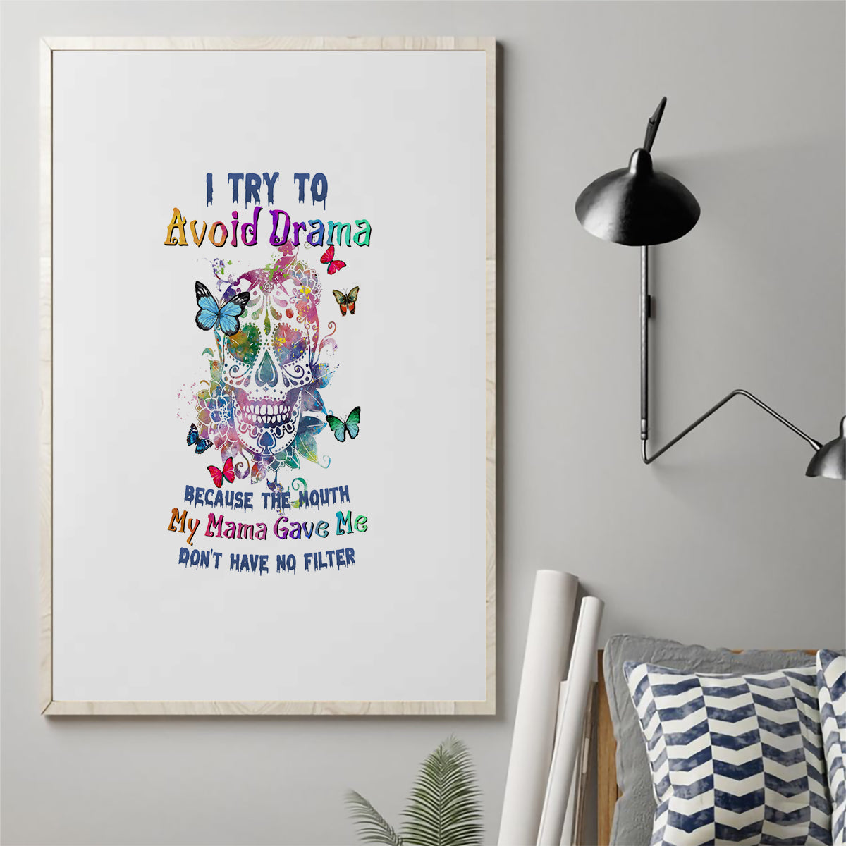 I Try To Avoid Drama Sugar Skull Colorful Canvas Wall Art - Wonder Print Shop