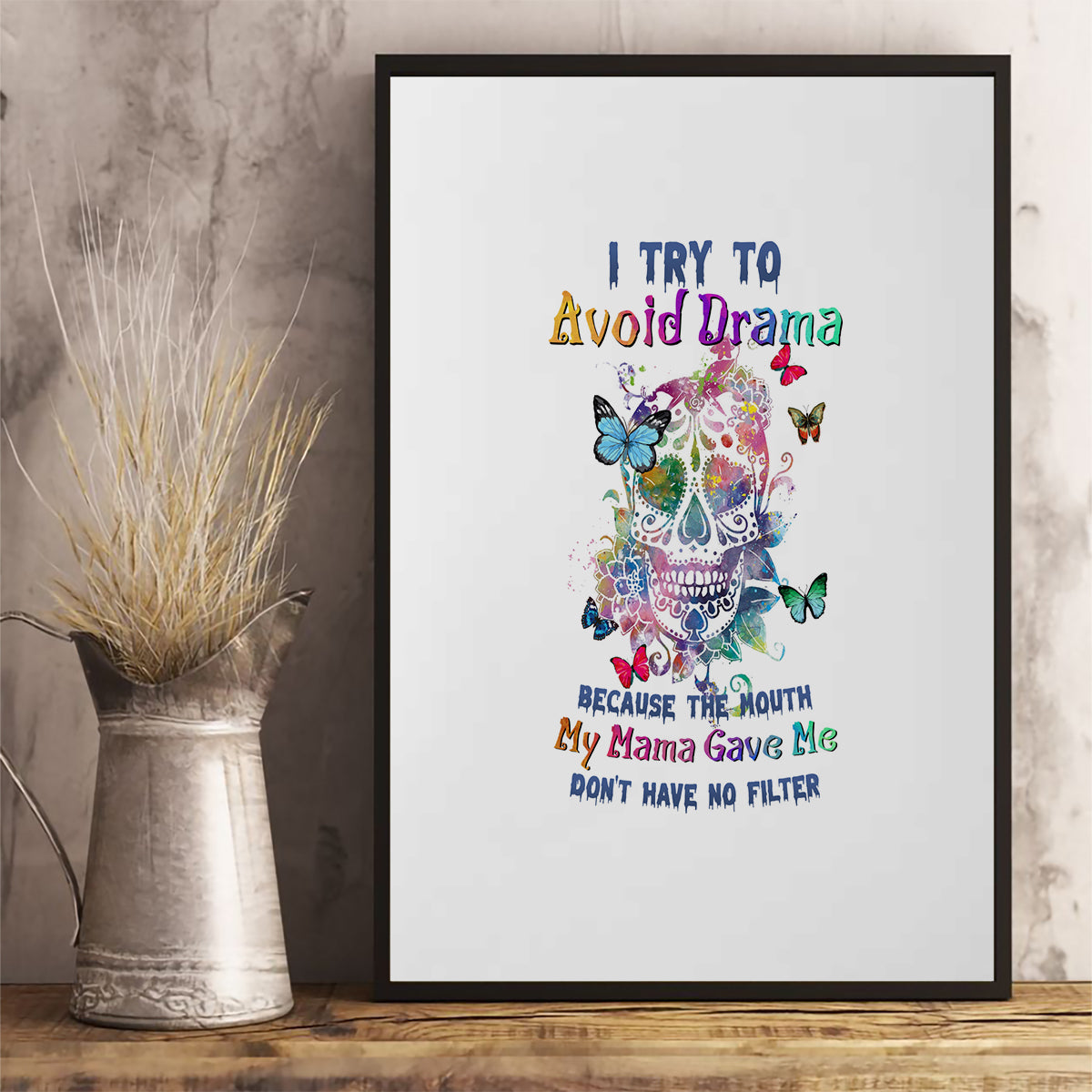 I Try To Avoid Drama Sugar Skull Colorful Canvas Wall Art - Wonder Print Shop