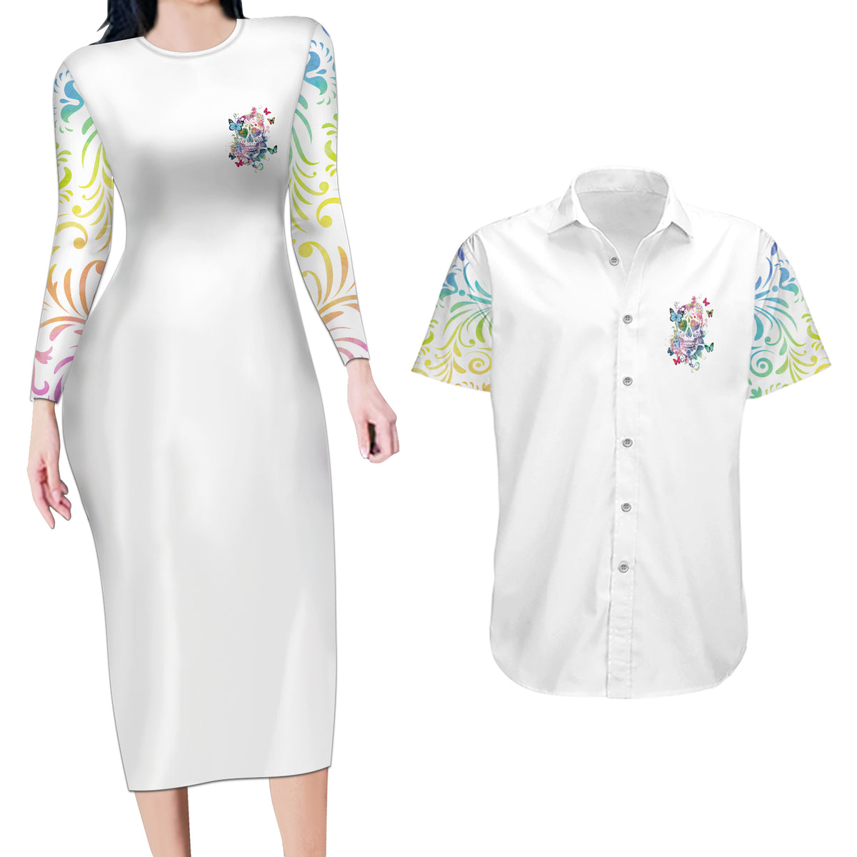 I Try To Avoid Drama Sugar Skull Colorful Couples Matching Long Sleeve Bodycon Dress and Hawaiian Shirt - Wonder Print Shop