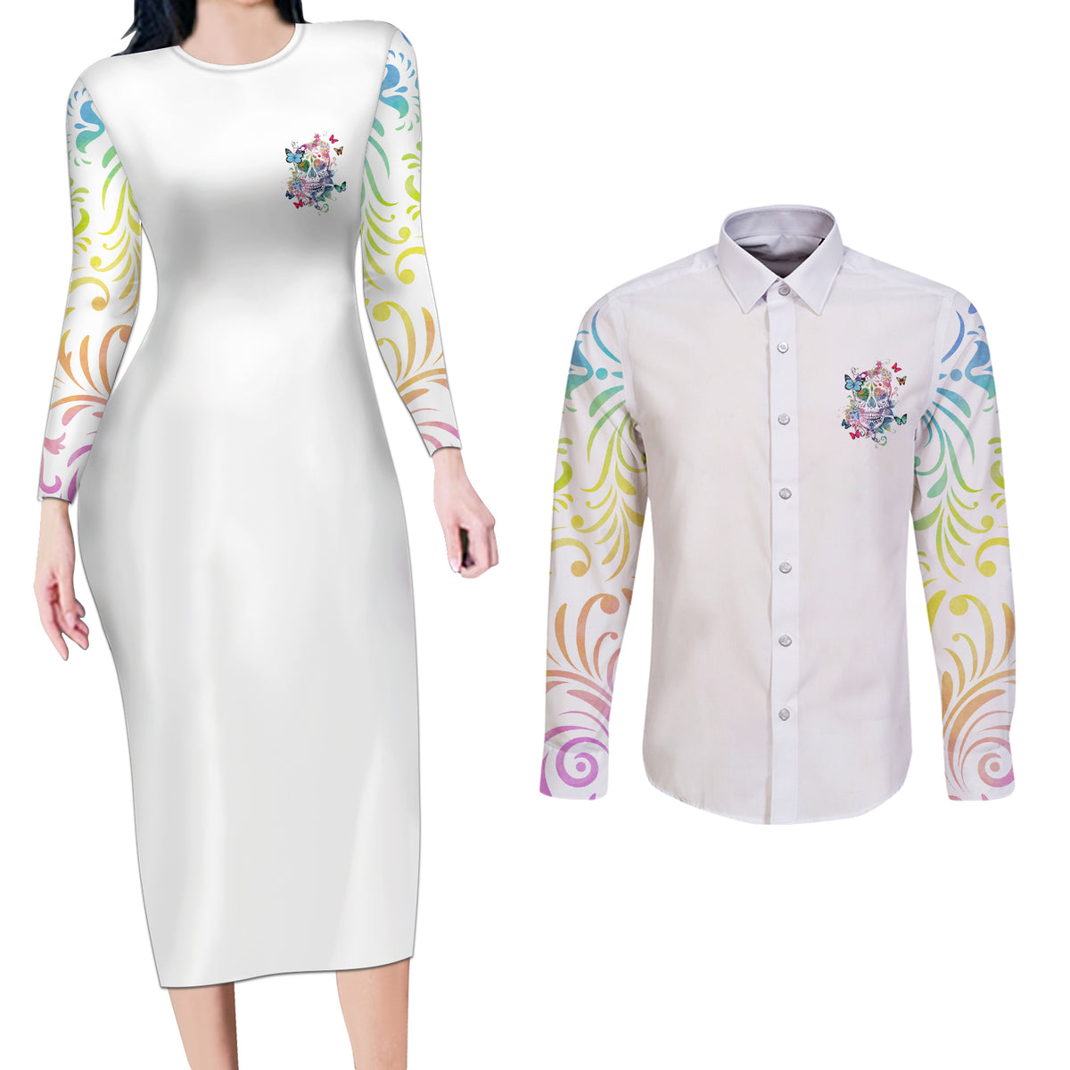 I Try To Avoid Drama Sugar Skull Colorful Couples Matching Long Sleeve Bodycon Dress and Long Sleeve Button Shirt - Wonder Print Shop