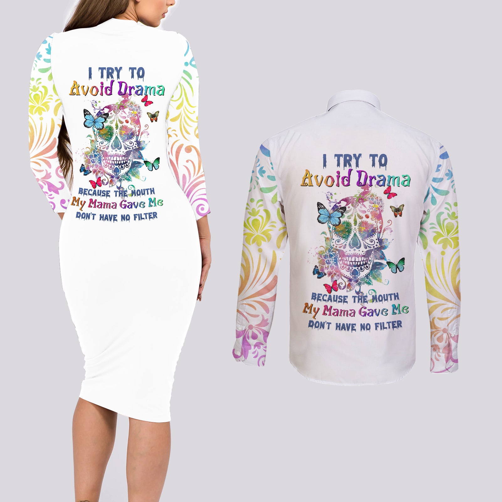 I Try To Avoid Drama Sugar Skull Colorful Couples Matching Long Sleeve Bodycon Dress and Long Sleeve Button Shirt - Wonder Print Shop