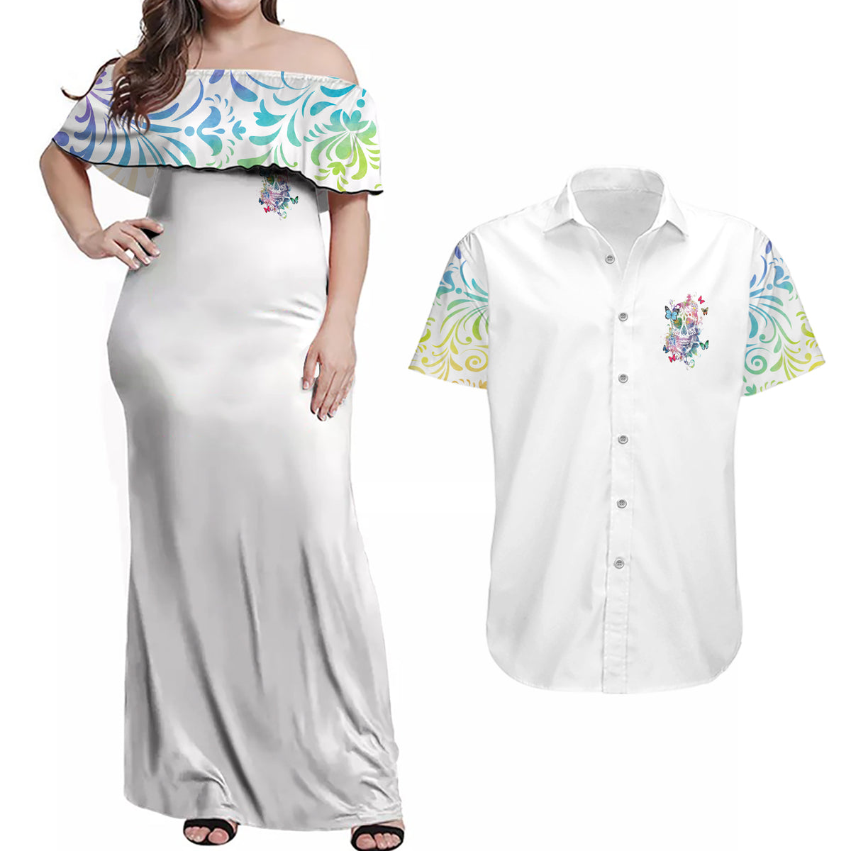 I Try To Avoid Drama Sugar Skull Colorful Couples Matching Off Shoulder Maxi Dress and Hawaiian Shirt - Wonder Print Shop