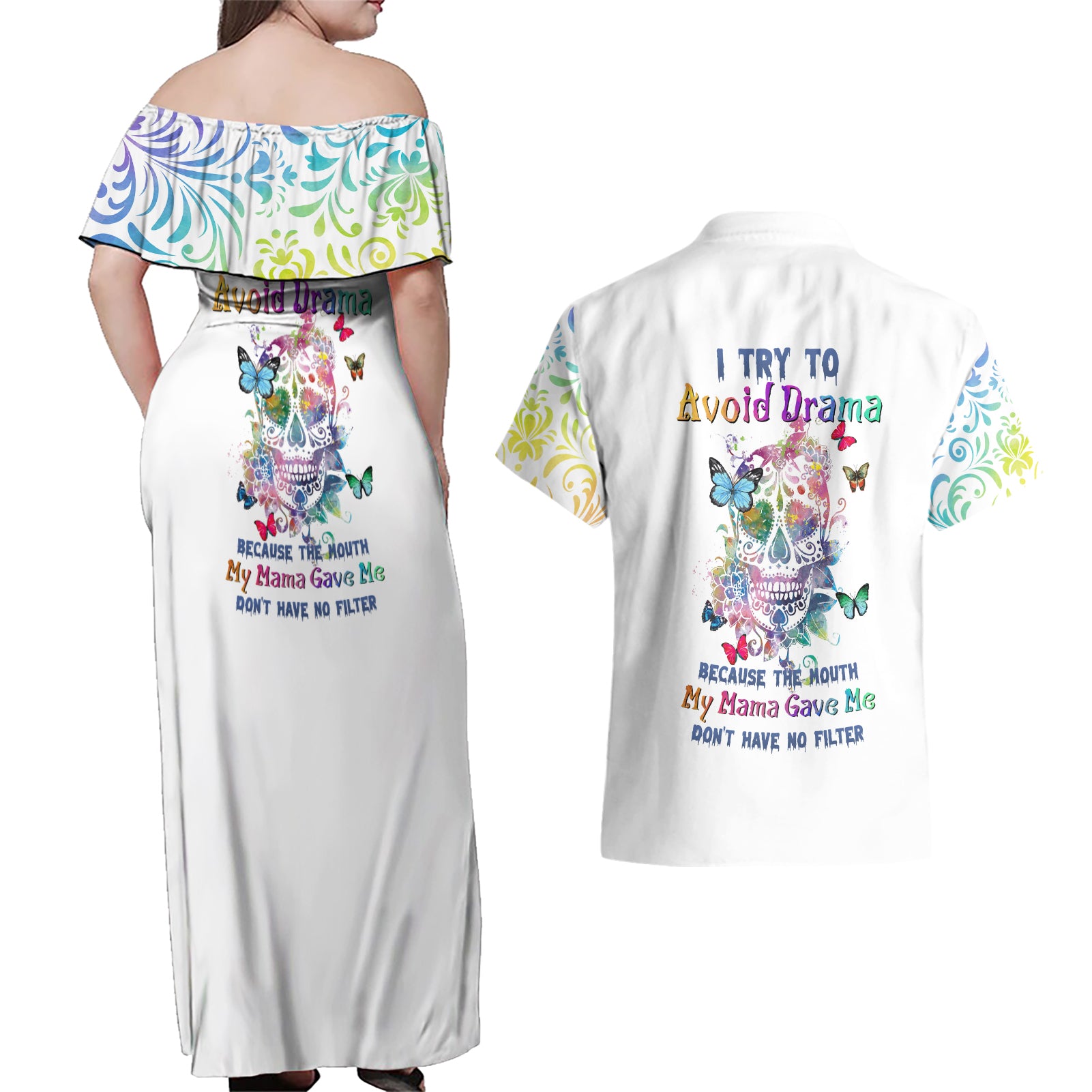 I Try To Avoid Drama Sugar Skull Colorful Couples Matching Off Shoulder Maxi Dress and Hawaiian Shirt - Wonder Print Shop