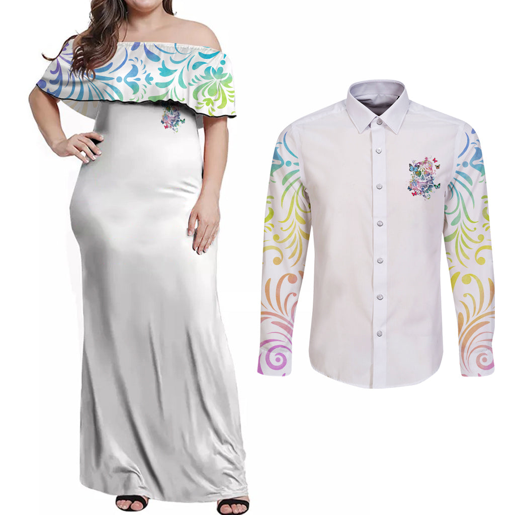 I Try To Avoid Drama Sugar Skull Colorful Couples Matching Off Shoulder Maxi Dress and Long Sleeve Button Shirt - Wonder Print Shop