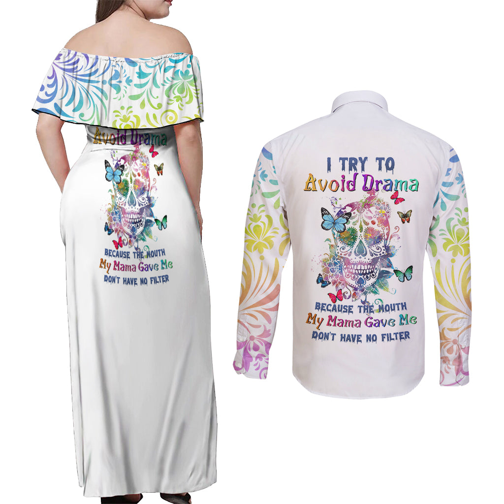 I Try To Avoid Drama Sugar Skull Colorful Couples Matching Off Shoulder Maxi Dress and Long Sleeve Button Shirt - Wonder Print Shop