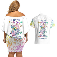 I Try To Avoid Drama Sugar Skull Colorful Couples Matching Off Shoulder Short Dress and Hawaiian Shirt - Wonder Print Shop