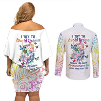 I Try To Avoid Drama Sugar Skull Colorful Couples Matching Off Shoulder Short Dress and Long Sleeve Button Shirt - Wonder Print Shop