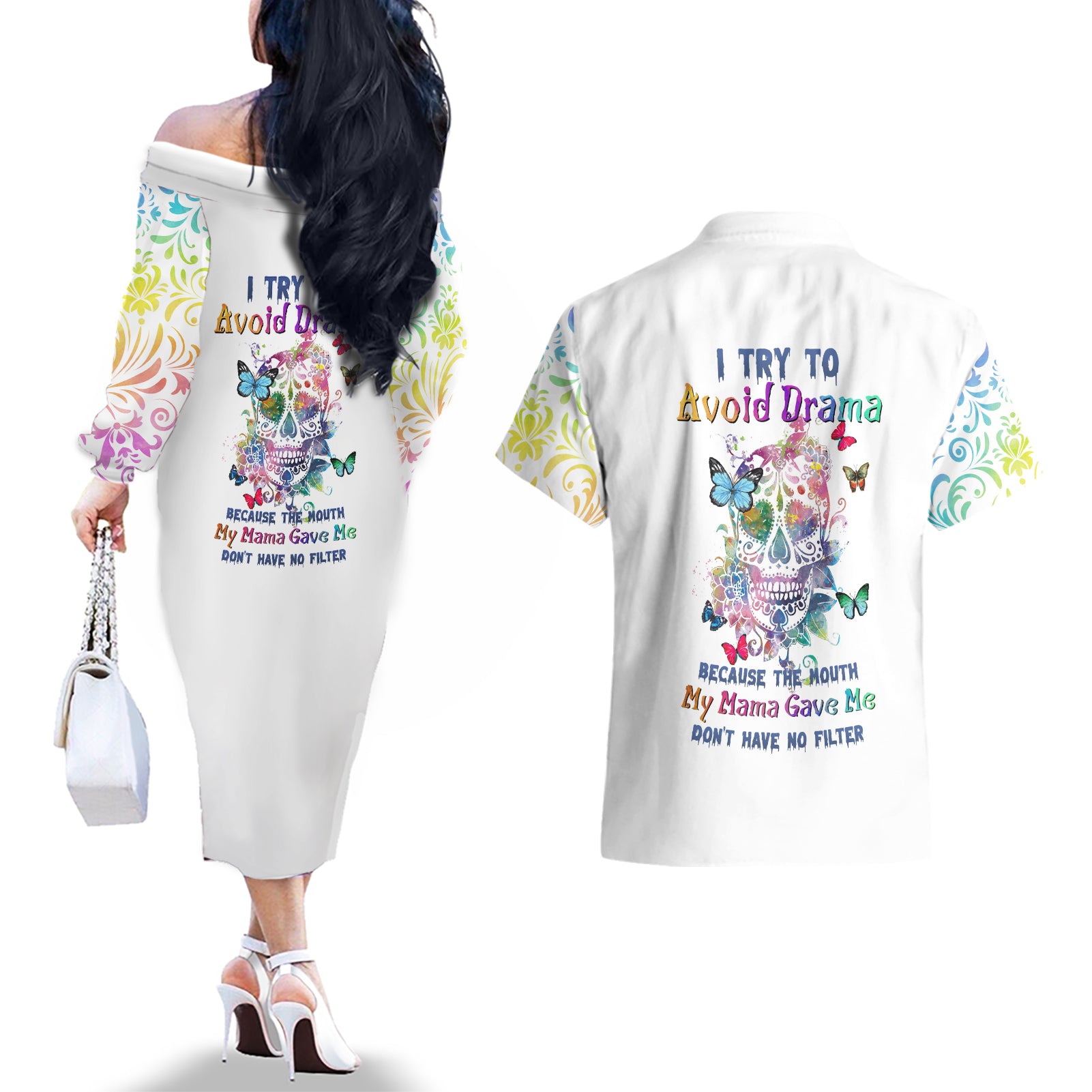 I Try To Avoid Drama Sugar Skull Colorful Couples Matching Off The Shoulder Long Sleeve Dress and Hawaiian Shirt - Wonder Print Shop