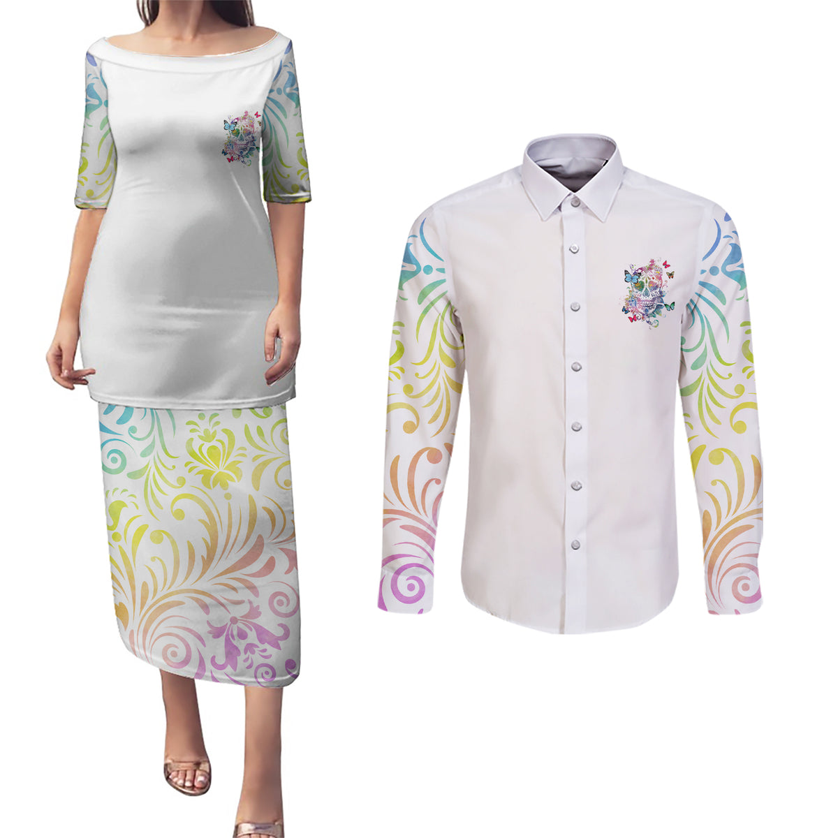 I Try To Avoid Drama Sugar Skull Colorful Couples Matching Puletasi Dress and Long Sleeve Button Shirt - Wonder Print Shop