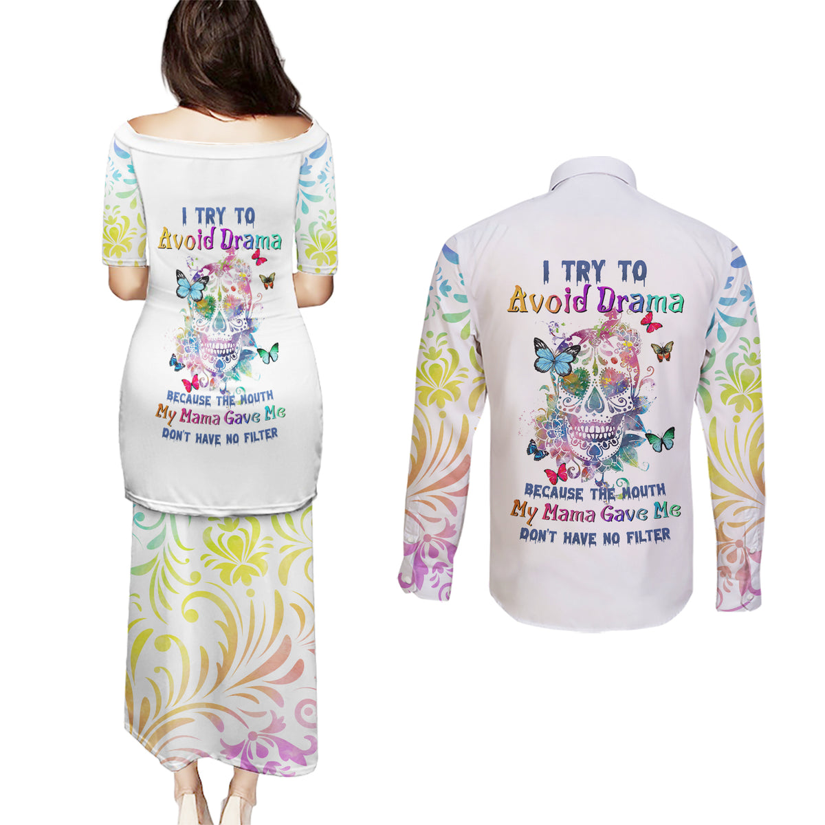I Try To Avoid Drama Sugar Skull Colorful Couples Matching Puletasi Dress and Long Sleeve Button Shirt - Wonder Print Shop