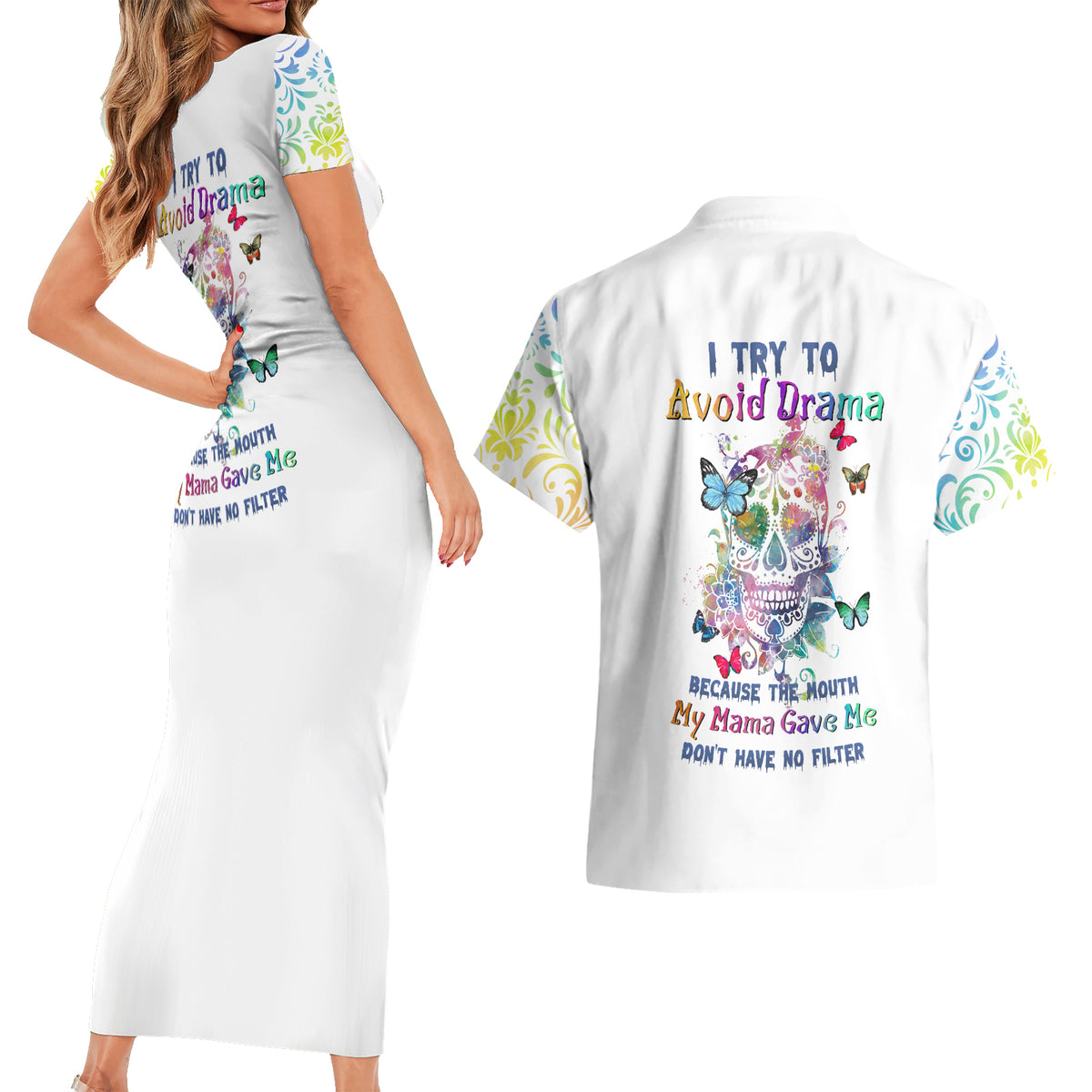 I Try To Avoid Drama Sugar Skull Colorful Couples Matching Short Sleeve Bodycon Dress and Hawaiian Shirt - Wonder Print Shop