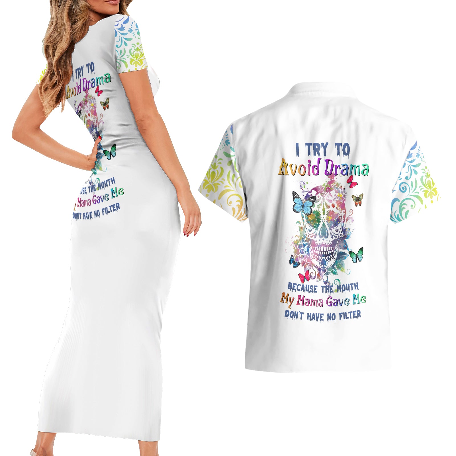 I Try To Avoid Drama Sugar Skull Colorful Couples Matching Short Sleeve Bodycon Dress and Hawaiian Shirt - Wonder Print Shop