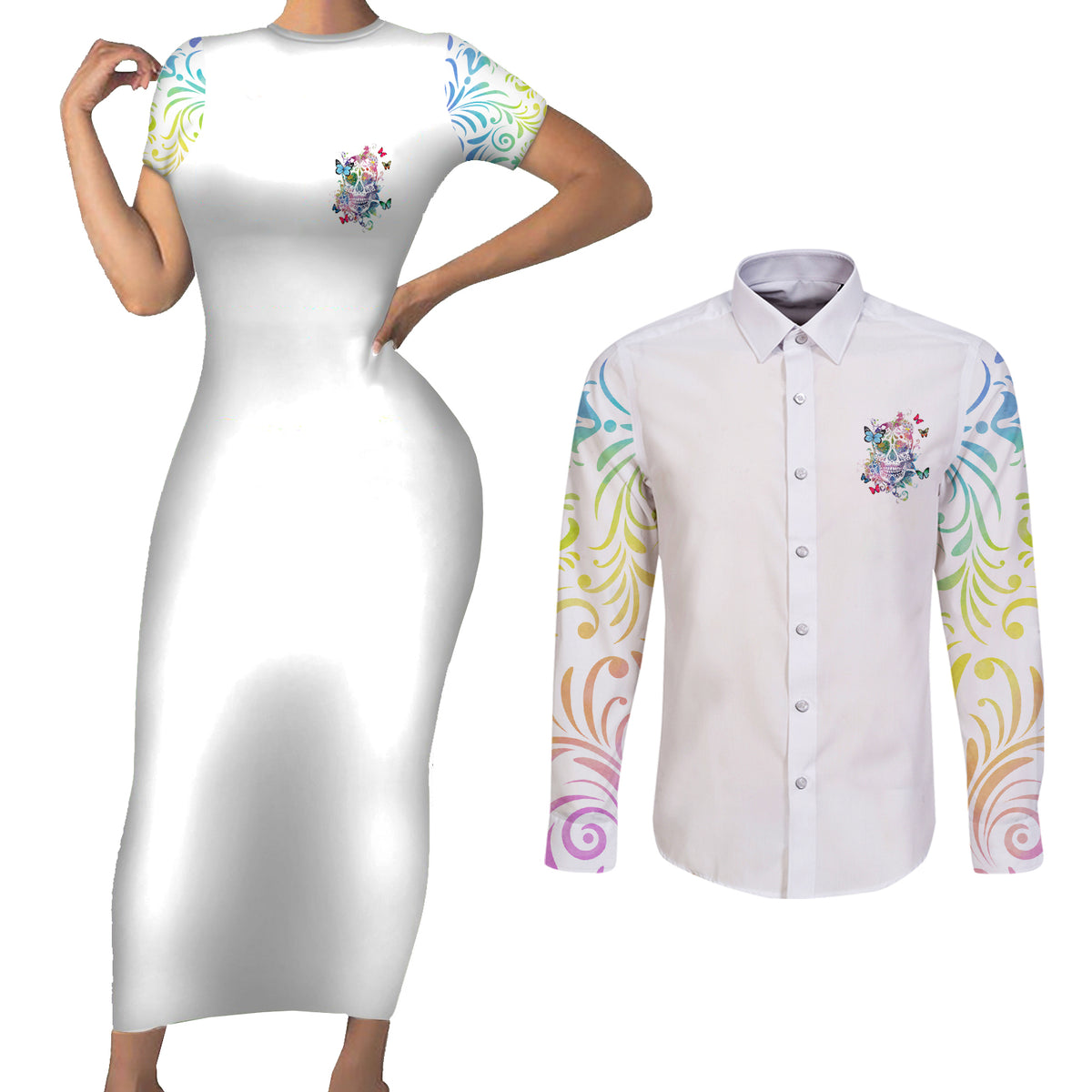 I Try To Avoid Drama Sugar Skull Colorful Couples Matching Short Sleeve Bodycon Dress and Long Sleeve Button Shirt - Wonder Print Shop