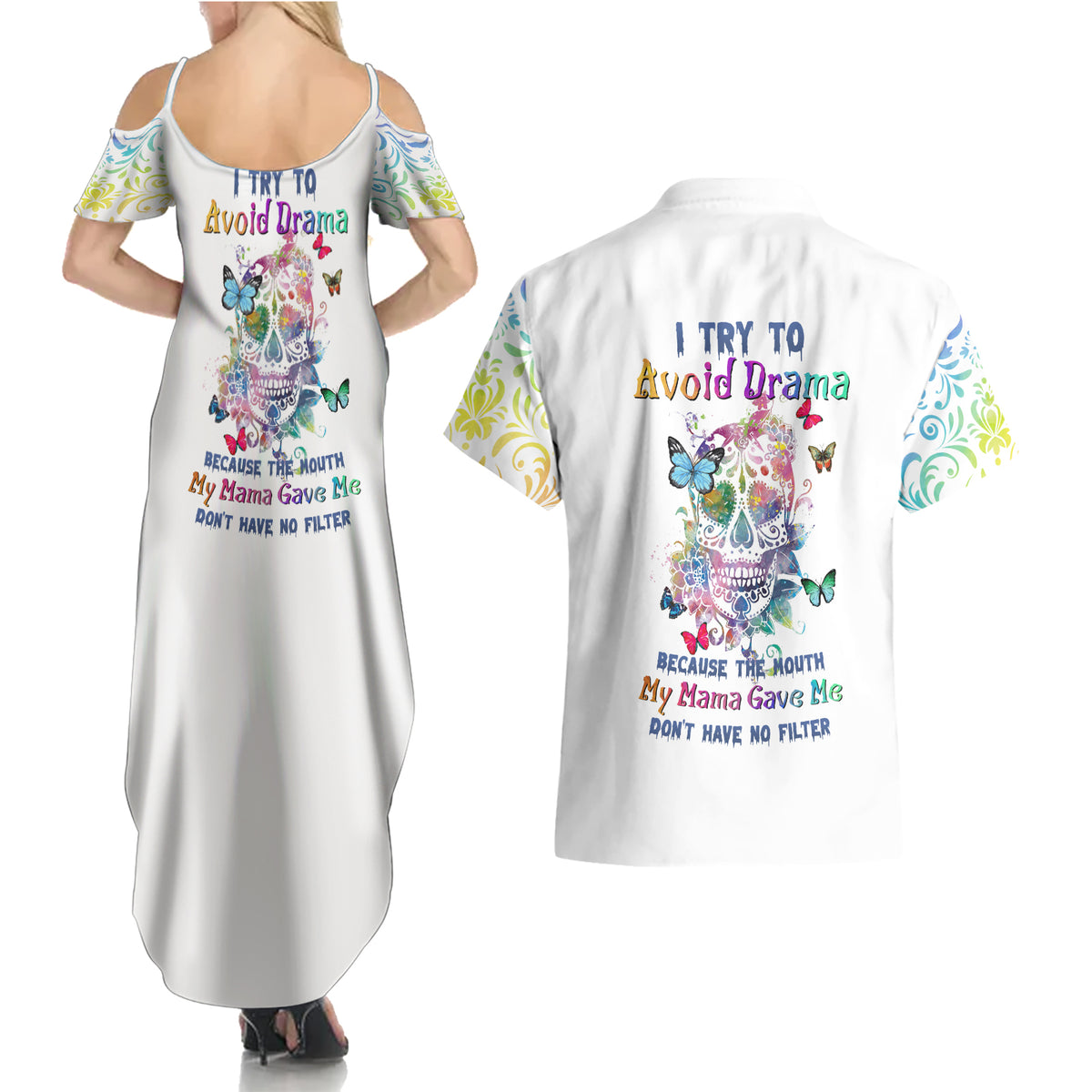 I Try To Avoid Drama Sugar Skull Colorful Couples Matching Summer Maxi Dress and Hawaiian Shirt - Wonder Print Shop