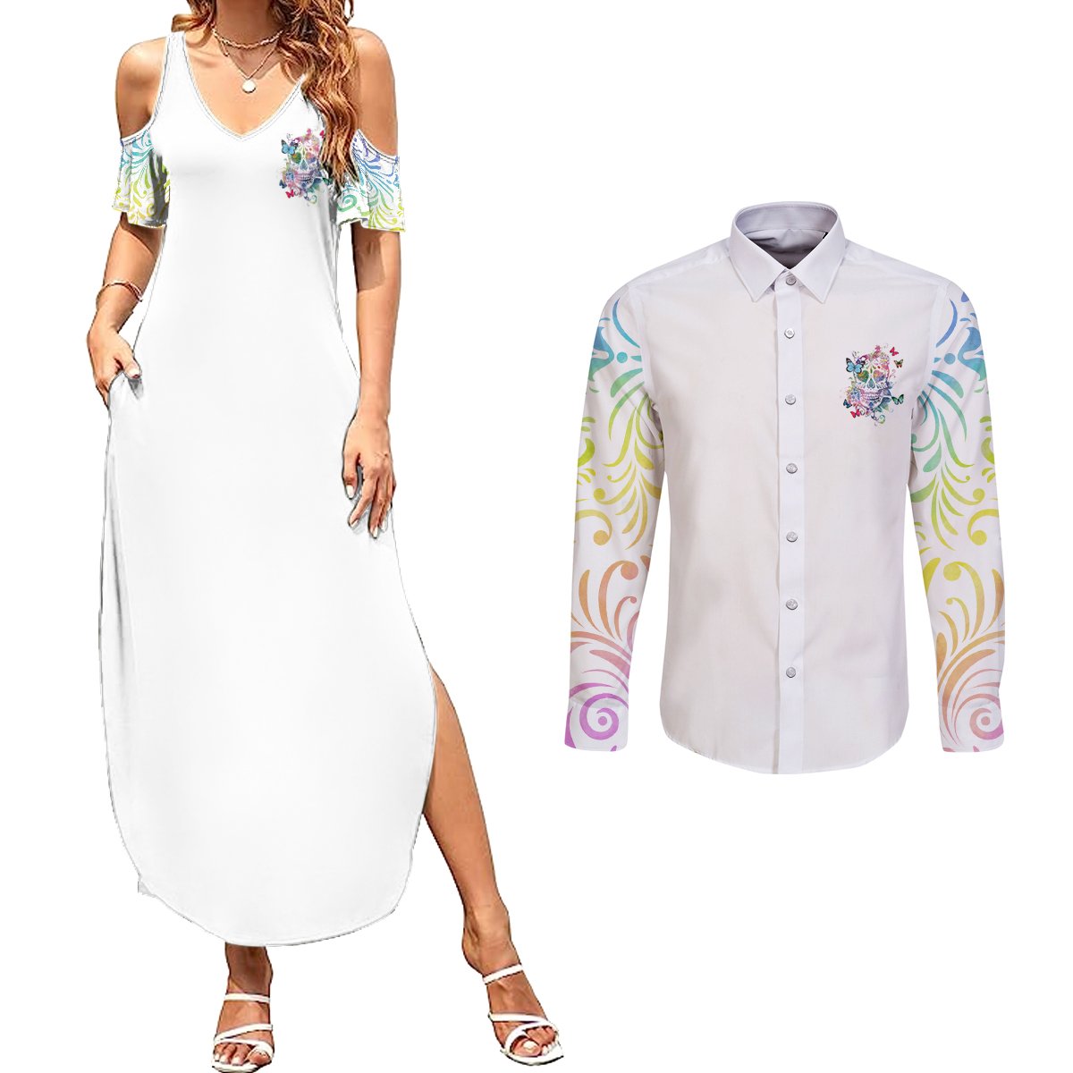 I Try To Avoid Drama Sugar Skull Colorful Couples Matching Summer Maxi Dress and Long Sleeve Button Shirt - Wonder Print Shop