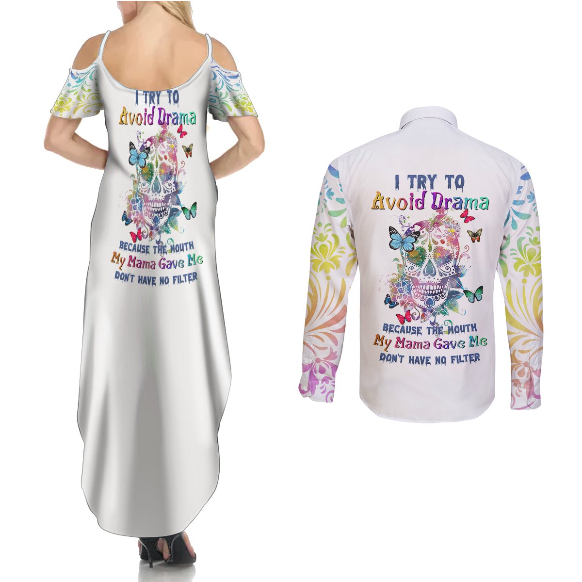 I Try To Avoid Drama Sugar Skull Colorful Couples Matching Summer Maxi Dress and Long Sleeve Button Shirt - Wonder Print Shop