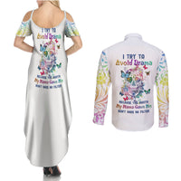 I Try To Avoid Drama Sugar Skull Colorful Couples Matching Summer Maxi Dress and Long Sleeve Button Shirt - Wonder Print Shop