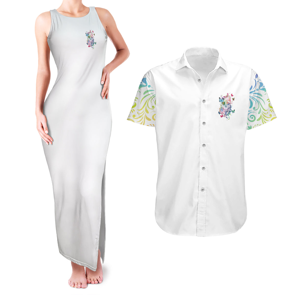 I Try To Avoid Drama Sugar Skull Colorful Couples Matching Tank Maxi Dress and Hawaiian Shirt - Wonder Print Shop