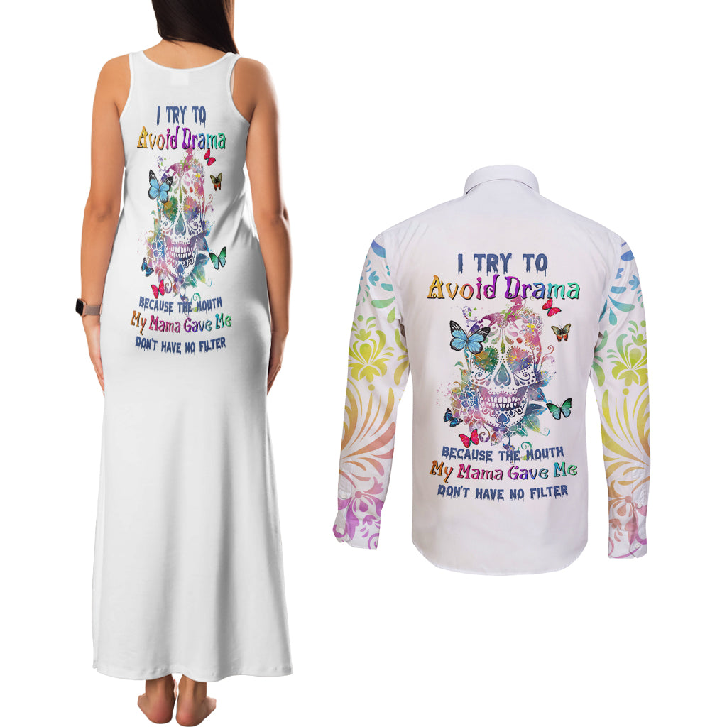I Try To Avoid Drama Sugar Skull Colorful Couples Matching Tank Maxi Dress and Long Sleeve Button Shirt - Wonder Print Shop