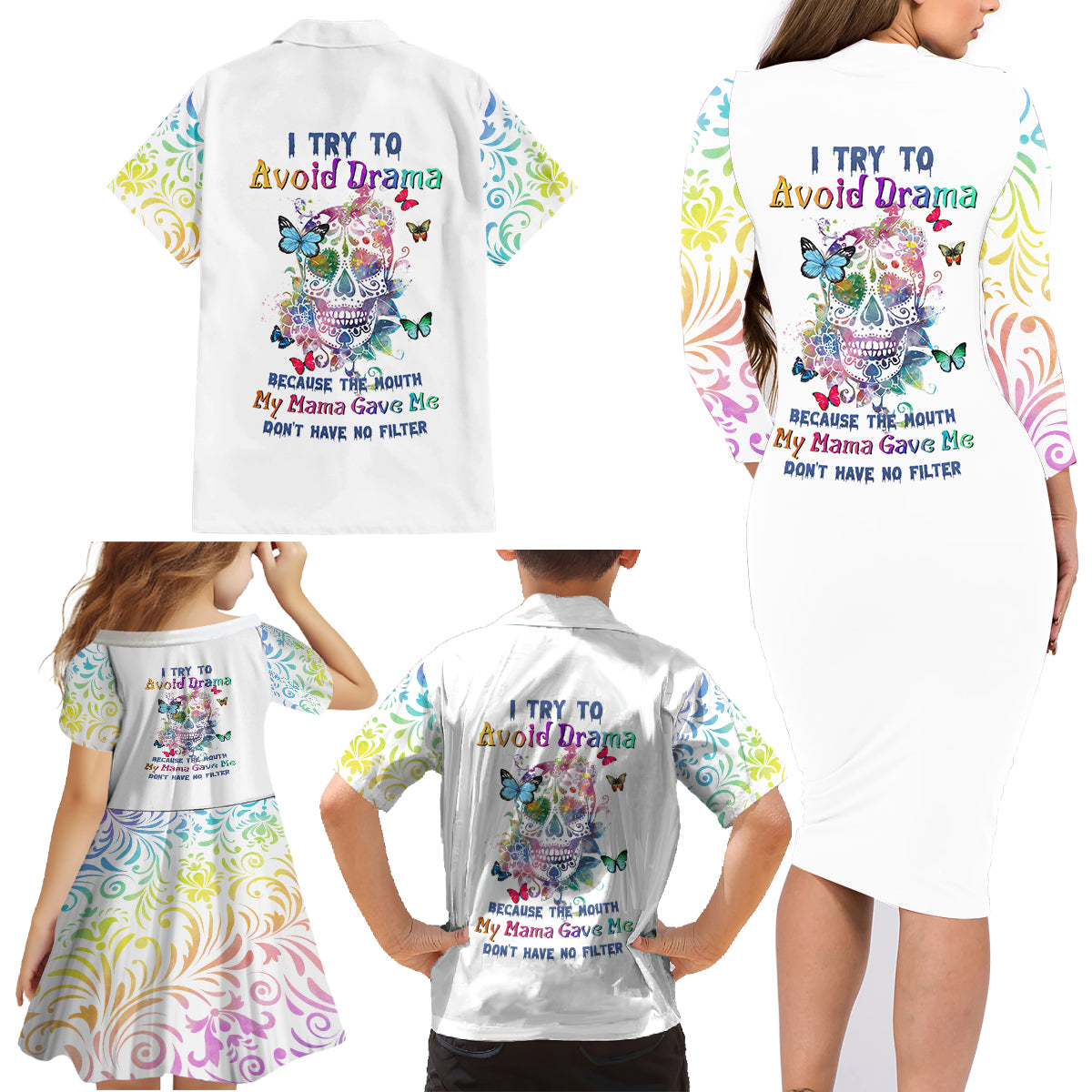 I Try To Avoid Drama Sugar Skull Colorful Family Matching Long Sleeve Bodycon Dress and Hawaiian Shirt - Wonder Print Shop