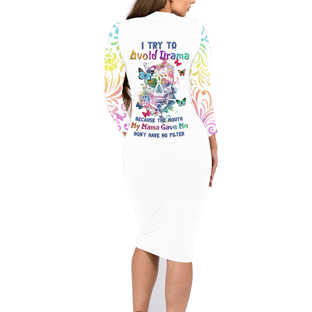 I Try To Avoid Drama Sugar Skull Colorful Family Matching Long Sleeve Bodycon Dress and Hawaiian Shirt - Wonder Print Shop