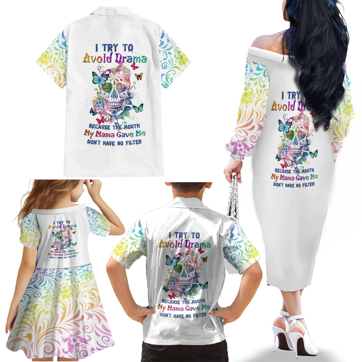 I Try To Avoid Drama Sugar Skull Colorful Family Matching Off Shoulder Long Sleeve Dress and Hawaiian Shirt - Wonder Print Shop