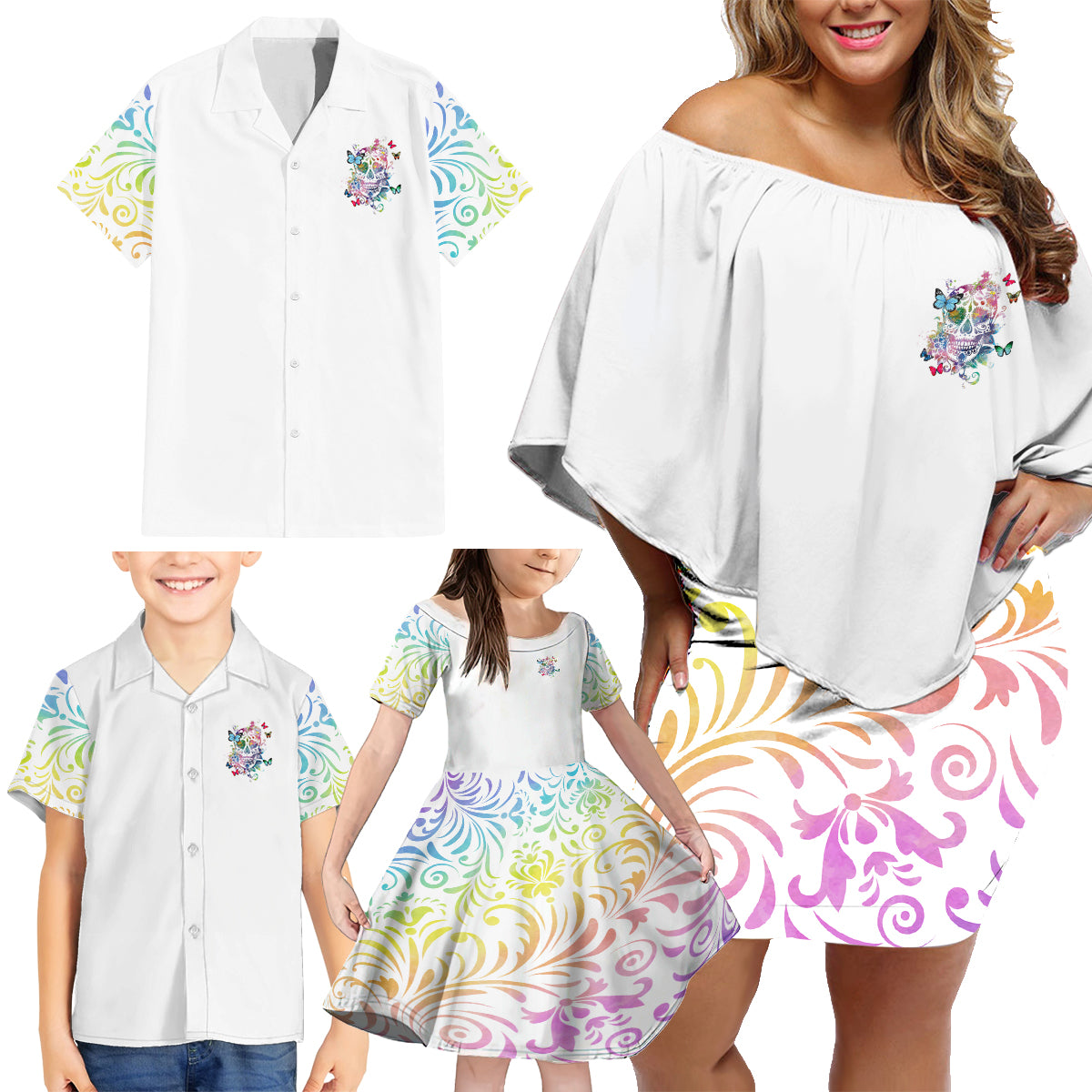I Try To Avoid Drama Sugar Skull Colorful Family Matching Off Shoulder Short Dress and Hawaiian Shirt - Wonder Print Shop