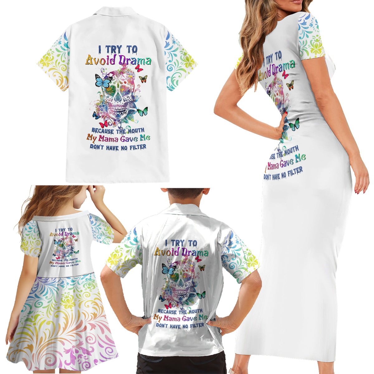 I Try To Avoid Drama Sugar Skull Colorful Family Matching Short Sleeve Bodycon Dress and Hawaiian Shirt - Wonder Print Shop