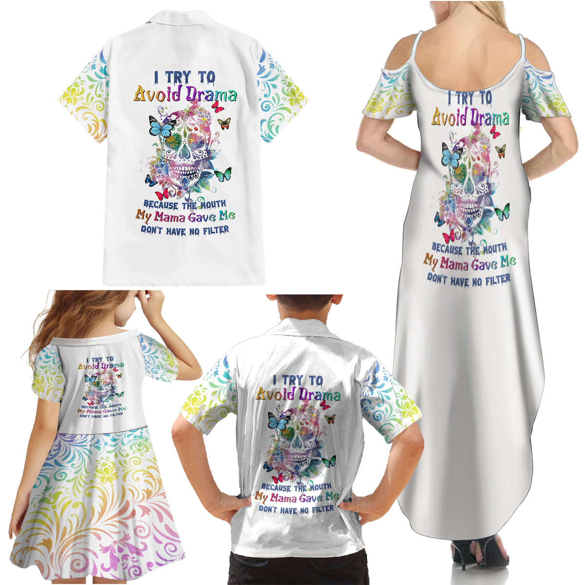I Try To Avoid Drama Sugar Skull Colorful Family Matching Summer Maxi Dress and Hawaiian Shirt - Wonder Print Shop