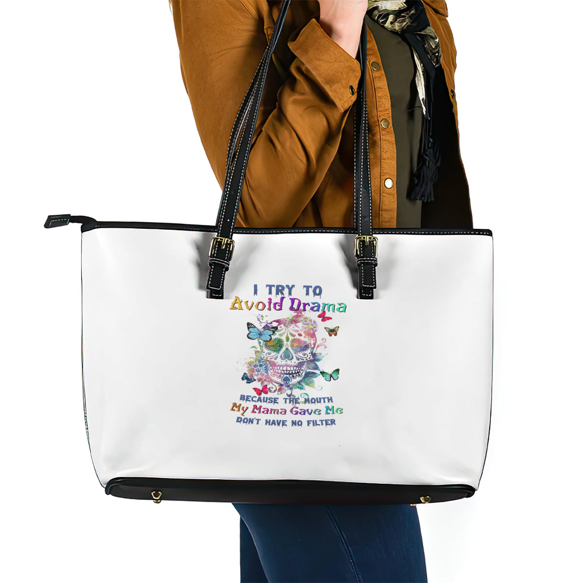 I Try To Avoid Drama Sugar Skull Colorful Leather Tote Bag - Wonder Print Shop