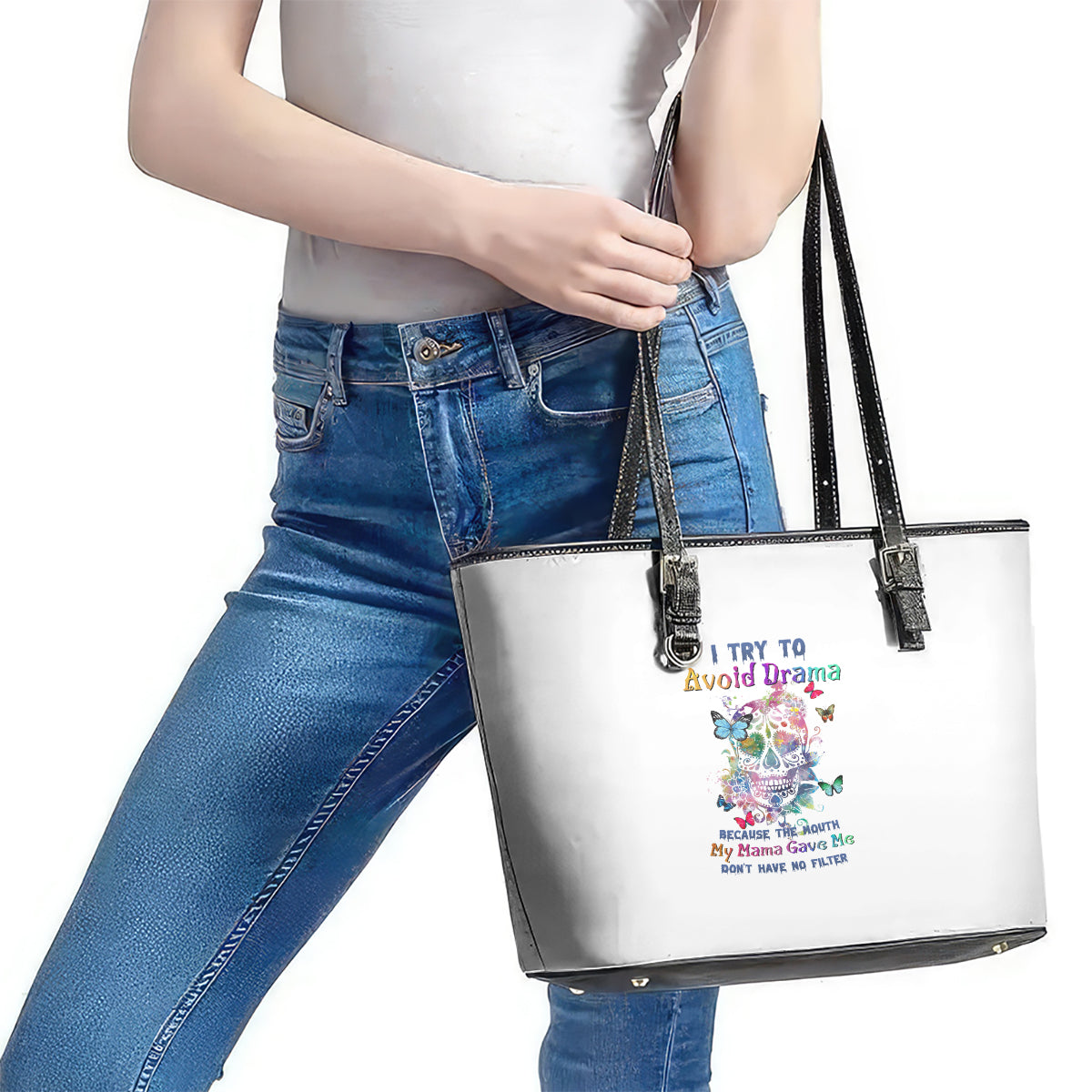 I Try To Avoid Drama Sugar Skull Colorful Leather Tote Bag - Wonder Print Shop