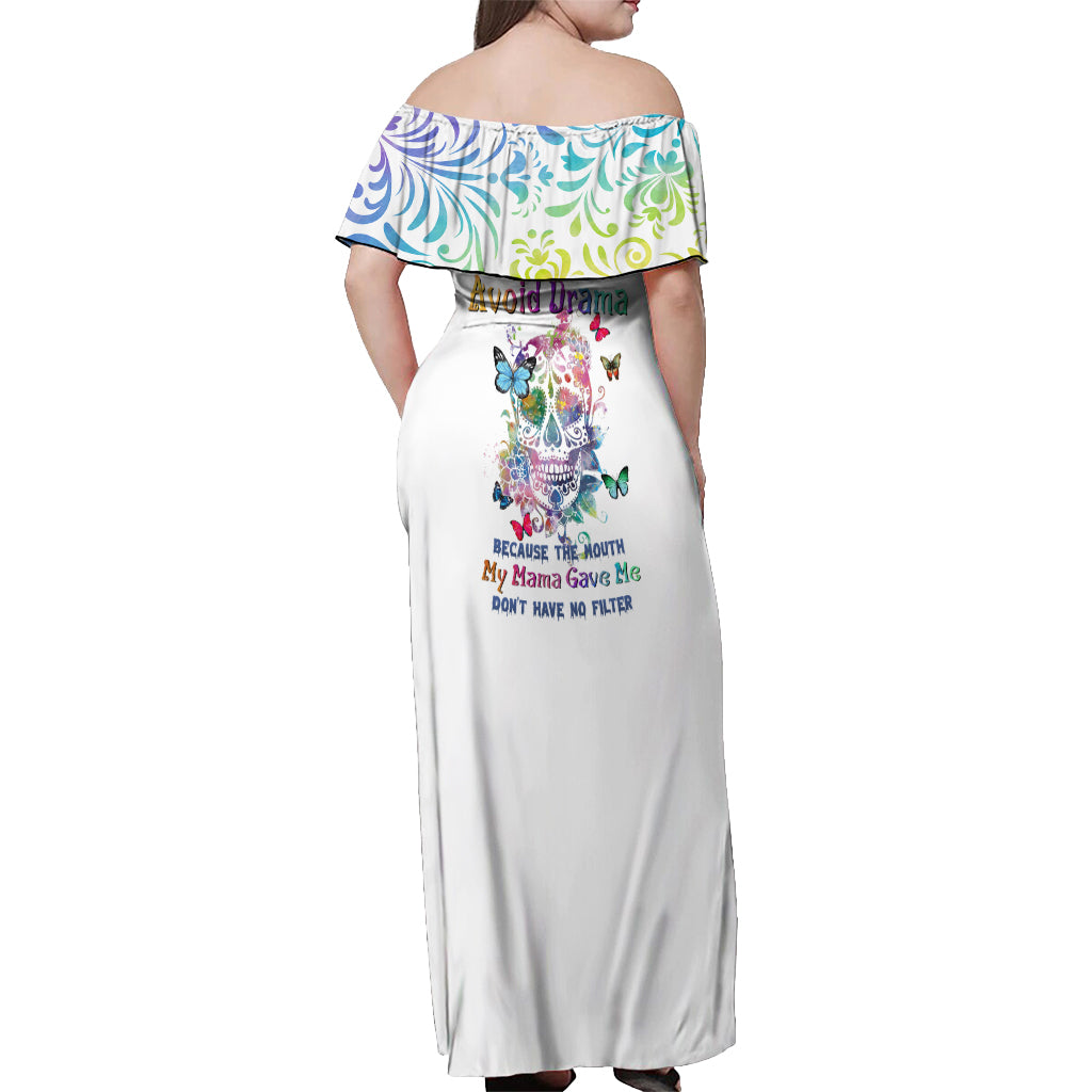 I Try To Avoid Drama Sugar Skull Colorful Off Shoulder Maxi Dress - Wonder Print Shop