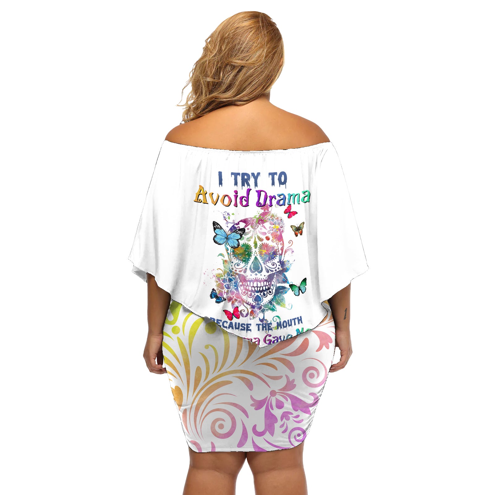 I Try To Avoid Drama Sugar Skull Colorful Off Shoulder Short Dress - Wonder Print Shop