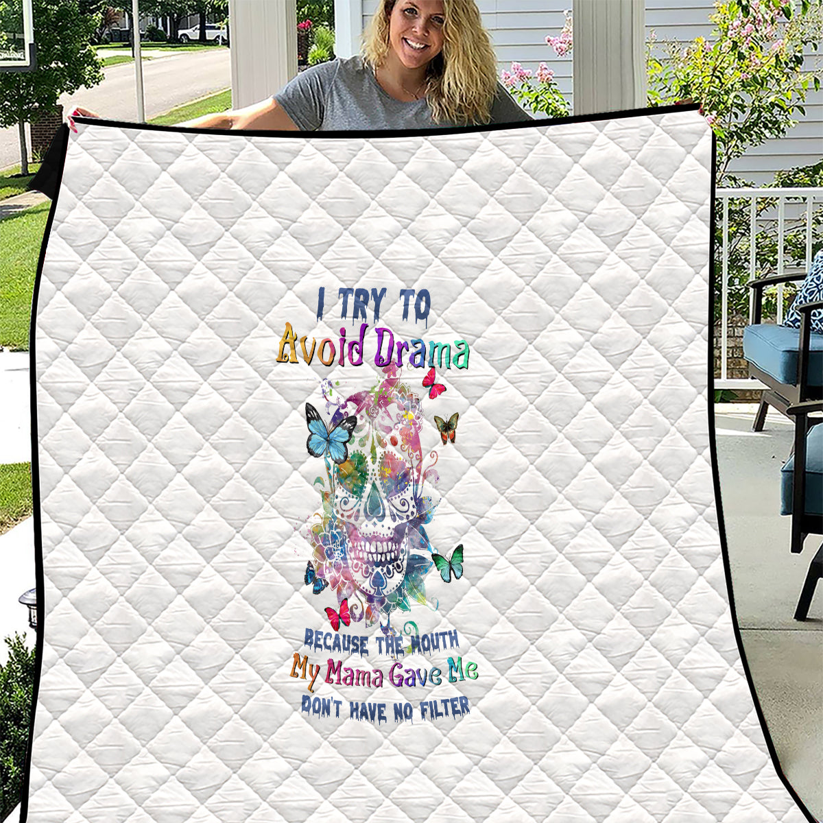 I Try To Avoid Drama Sugar Skull Colorful Quilt - Wonder Print Shop
