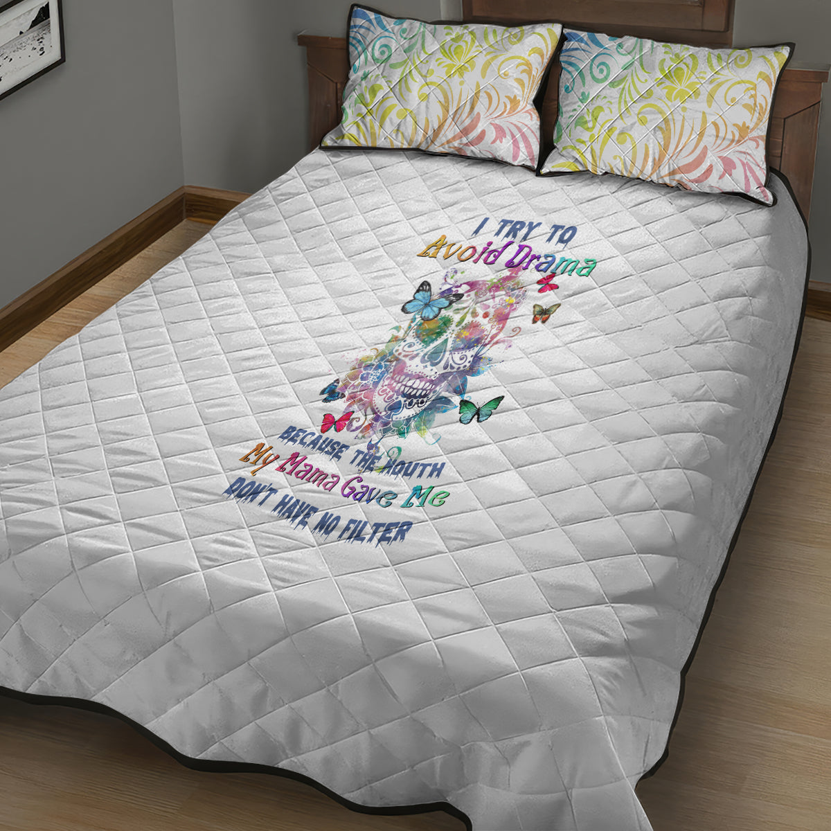 I Try To Avoid Drama Sugar Skull Colorful Quilt Bed Set - Wonder Print Shop