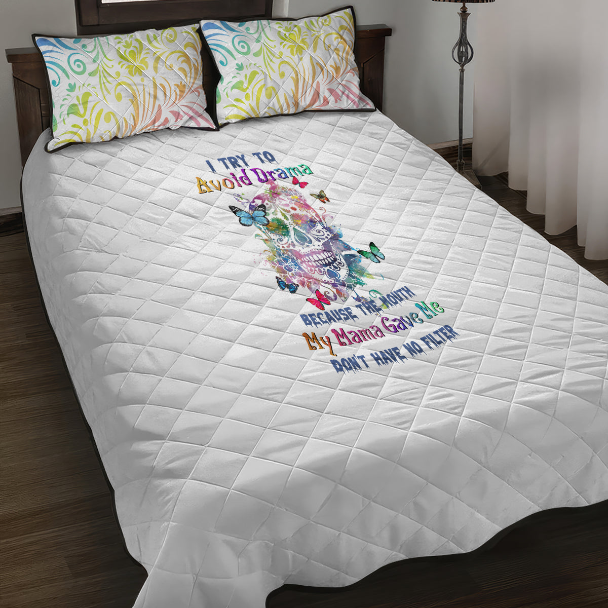 I Try To Avoid Drama Sugar Skull Colorful Quilt Bed Set - Wonder Print Shop