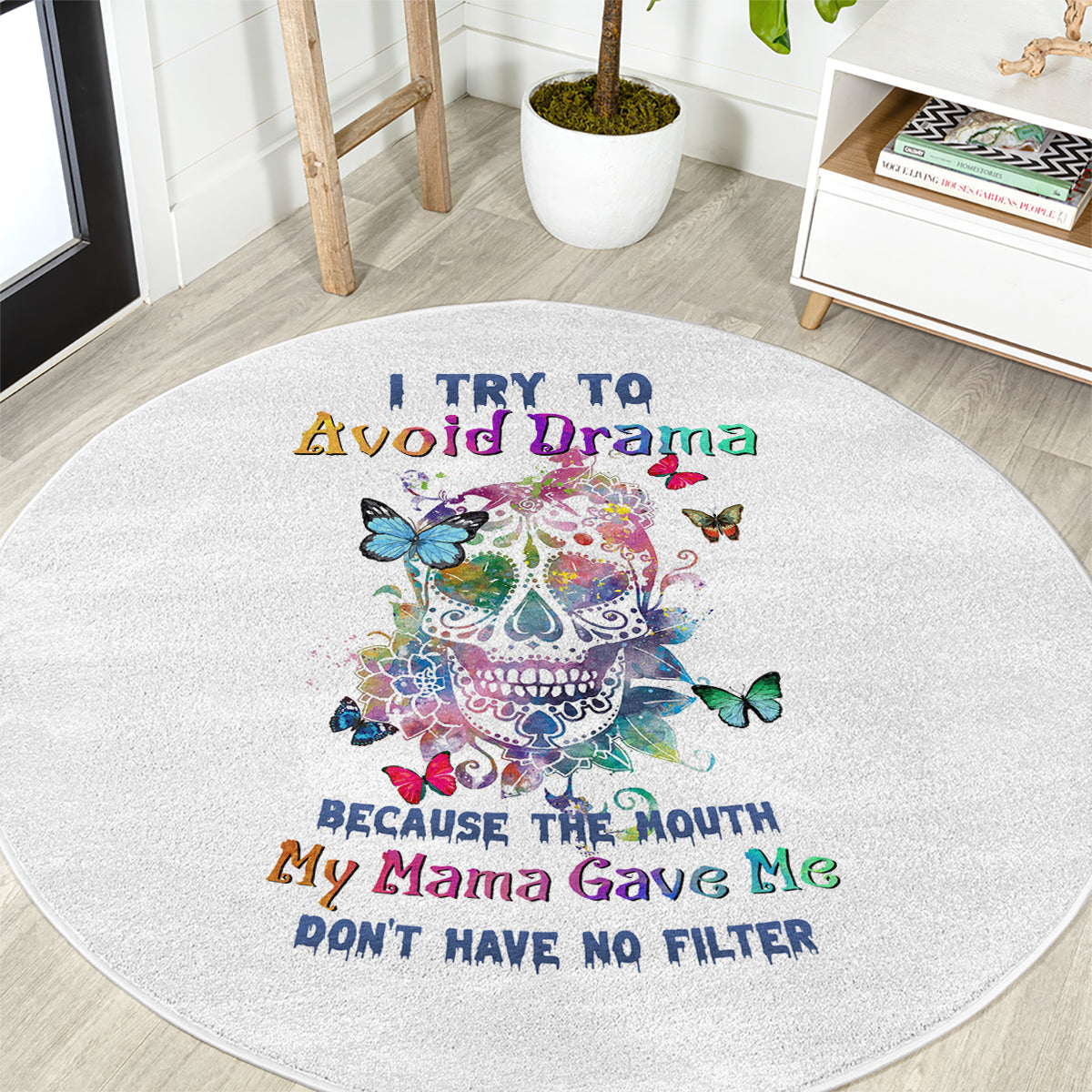 i-try-to-avoid-drama-sugar-skull-colorful-round-carpet