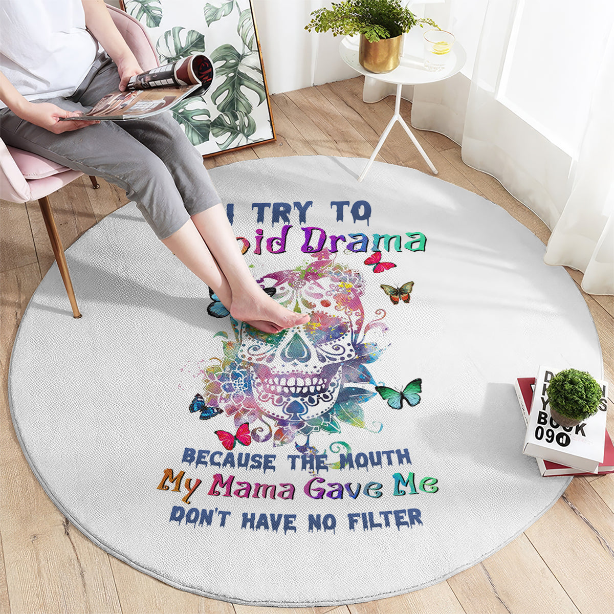 i-try-to-avoid-drama-sugar-skull-colorful-round-carpet