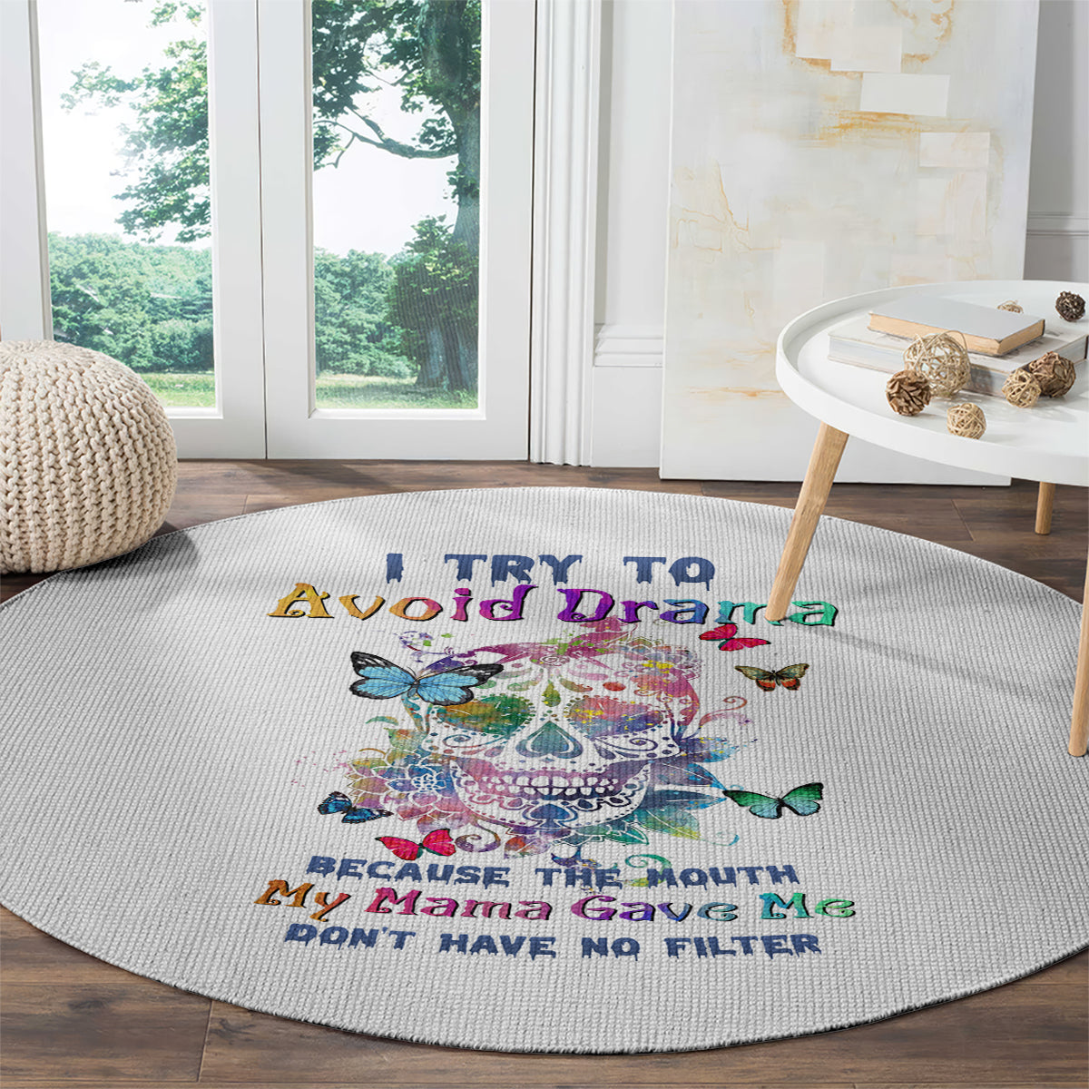i-try-to-avoid-drama-sugar-skull-colorful-round-carpet
