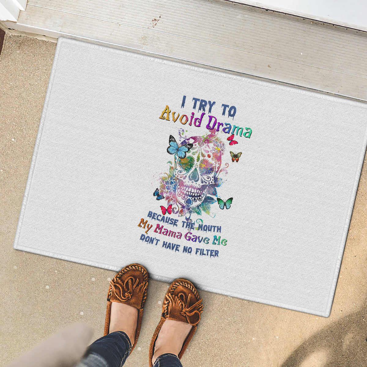 I Try To Avoid Drama Sugar Skull Colorful Rubber Doormat - Wonder Print Shop
