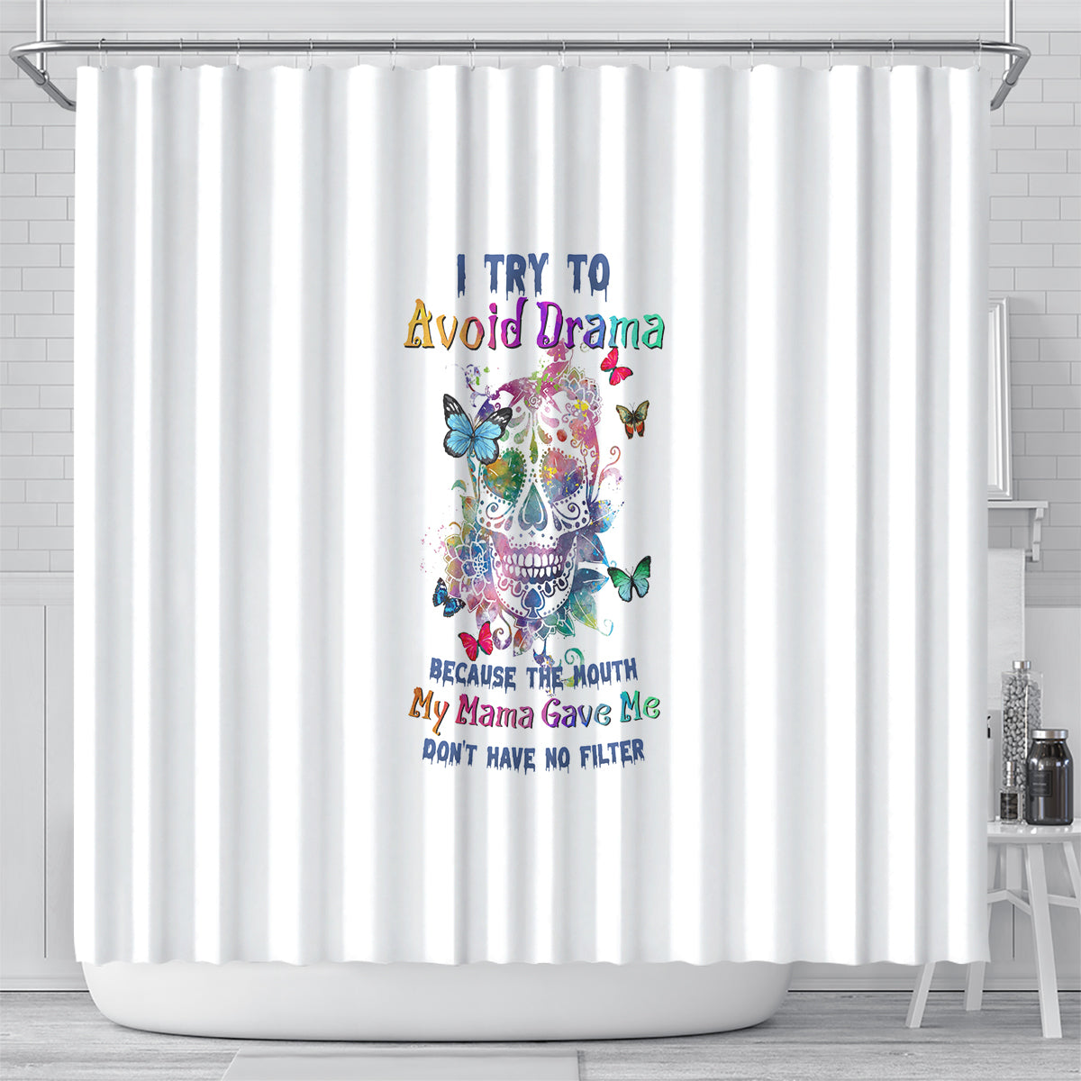 i-try-to-avoid-drama-sugar-skull-colorful-shower-curtain